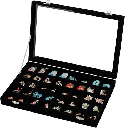 Frebeauty 48 Grid Jewelry Tray,Adjustable Earring Holder Organizer with Glass Lid,Velvet Drawer Jewelry Organizer for Rings,Studs,13.8 x 9.5 x 2 Inches Jewelry Display Box,Gift for Women(Beige) in Kuwait
