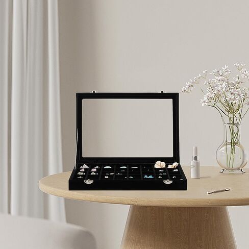 Frebeauty 48 Grid Jewelry Tray,Adjustable Earring Holder Organizer with Glass Lid,Velvet Drawer Jewelry Organizer for Rings,Studs,13.8 x 9.5 x 2 Inches Jewelry Display Box,Gift for Women(Beige) in Kuwait
