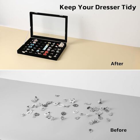 Frebeauty 48 Grid Jewelry Tray,Adjustable Earring Holder Organizer with Glass Lid,Velvet Drawer Jewelry Organizer for Rings,Studs,13.8 x 9.5 x 2 Inches Jewelry Display Box,Gift for Women(Beige) in Kuwait