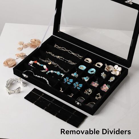 Frebeauty 48 Grid Jewelry Tray,Adjustable Earring Holder Organizer with Glass Lid,Velvet Drawer Jewelry Organizer for Rings,Studs,13.8 x 9.5 x 2 Inches Jewelry Display Box,Gift for Women(Beige) in Kuwait