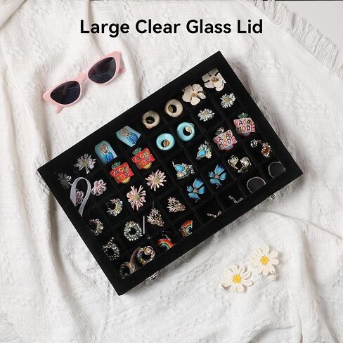 Frebeauty 48 Grid Jewelry Tray,Adjustable Earring Holder Organizer with Glass Lid,Velvet Drawer Jewelry Organizer for Rings,Studs,13.8 x 9.5 x 2 Inches Jewelry Display Box,Gift for Women(Beige) in Kuwait