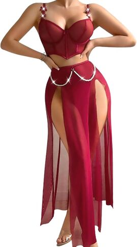 Kaei&Shi High Slit Sexy Lingerie For Women,Sheer Mesh Corset & Pearl Skirt Set,3 Piece Boudoir Outfits Exotic Dancewear in Saudi Arabia