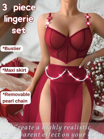 Kaei&Shi High Slit Sexy Lingerie For Women,Sheer Mesh Corset & Pearl Skirt Set,3 Piece Boudoir Outfits Exotic Dancewear in Saudi Arabia