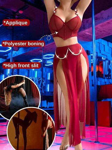 Kaei&Shi High Slit Sexy Lingerie For Women,Sheer Mesh Corset & Pearl Skirt Set,3 Piece Boudoir Outfits Exotic Dancewear in Saudi Arabia