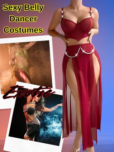 Kaei&Shi High Slit Sexy Lingerie For Women,Sheer Mesh Corset & Pearl Skirt Set,3 Piece Boudoir Outfits Exotic Dancewear in Saudi Arabia