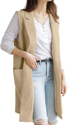 IDEALSANXUN Womens Long Linen Vest Tops Casual Spring Summer Lightweight Jackets in Saudi Arabia