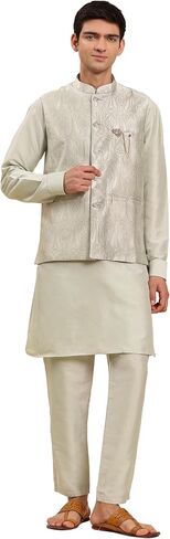Mens Indian Traditional Cotton Kurta Set With Jacquard Silk Jacket (Waistcoat) For Men (C-117) in Saudi Arabia