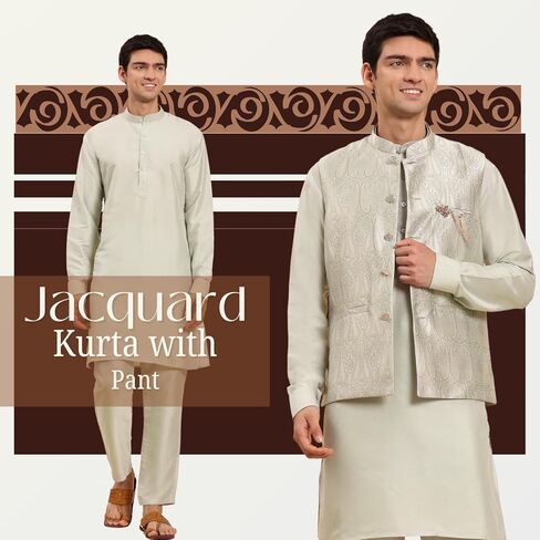 Mens Indian Traditional Cotton Kurta Set With Jacquard Silk Jacket (Waistcoat) For Men (C-117) in Saudi Arabia