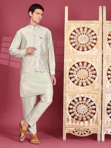 Mens Indian Traditional Cotton Kurta Set With Jacquard Silk Jacket (Waistcoat) For Men (C-117) in Saudi Arabia