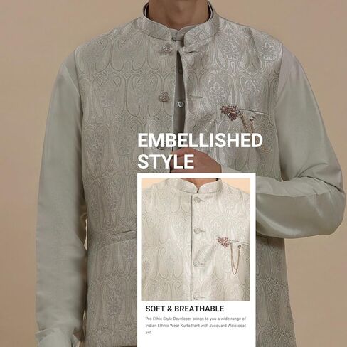 Mens Indian Traditional Cotton Kurta Set With Jacquard Silk Jacket (Waistcoat) For Men (C-117) in Saudi Arabia