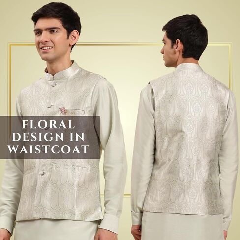 Mens Indian Traditional Cotton Kurta Set With Jacquard Silk Jacket (Waistcoat) For Men (C-117) in Saudi Arabia