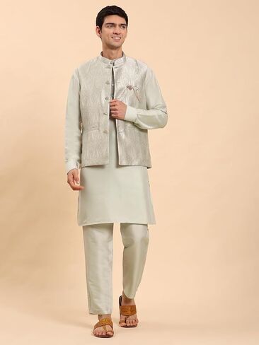 Mens Indian Traditional Cotton Kurta Set With Jacquard Silk Jacket (Waistcoat) For Men (C-117) in Saudi Arabia