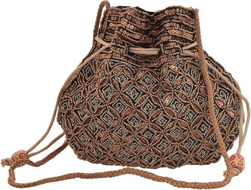 Craft Trade Women's Cotton Embroidered Potli Bag with Drawstring and Pearl Handle Pouch Golden Work Ladies Purse for Bridal in Kuwait