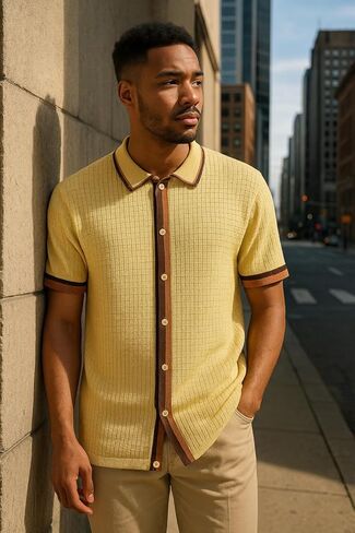 Men’s Short Sleeve Knit Sports Shirt - Modern Polo Vintage Classics: Solid Geometric Jacquard with Color Tipping in Kuwait