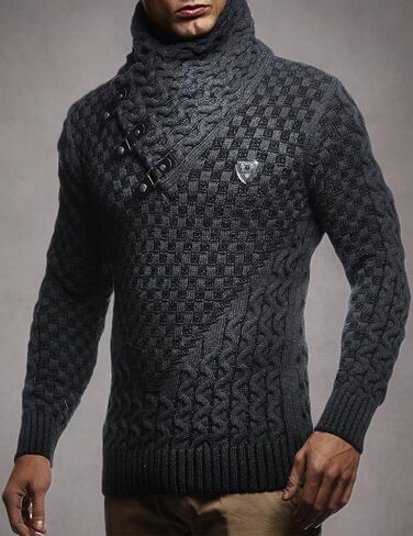 Leif Nelson Chebran Men's Knitted Winter-Pullover with Shawl Collar-Sweater with Geometric Pattern-Hoodie-Sweatshirt Slim Fit Long Sleeve LN5255 Red Black Large in Saudi Arabia