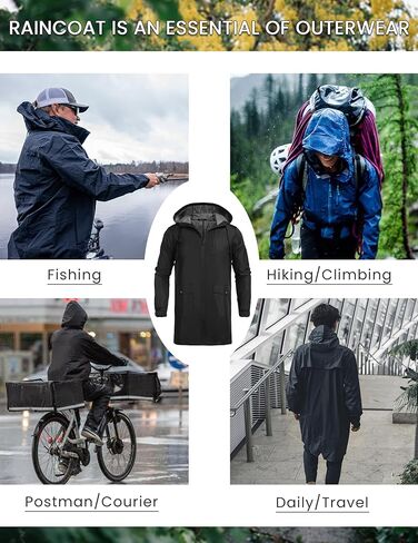 COOFANDY Men's Rain Jacket with Hood Waterproof Lightweight Outdoor Active Long Raincoat Cycling Hiking Jacket (Black*, Large) in Kuwait