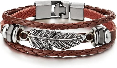 COOLSTEELANDBEYOND Vintage Feather Leaf Braided Leather Bracelet for Men Women, Three-Row Leather Wristband in Saudi Arabia