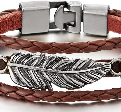 COOLSTEELANDBEYOND Vintage Feather Leaf Braided Leather Bracelet for Men Women, Three-Row Leather Wristband in Saudi Arabia