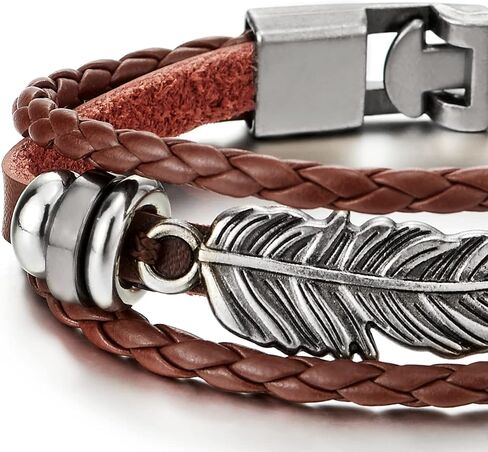 COOLSTEELANDBEYOND Vintage Feather Leaf Braided Leather Bracelet for Men Women, Three-Row Leather Wristband in Saudi Arabia