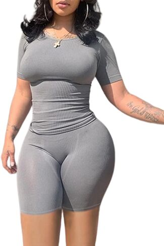 Lounge Wear Ribbed Casual 2 Piece Tracksuit Set Women Solid Skinny Short Sleeve O-Neck Top+Mid Waist Elastic Leggings in Kuwait