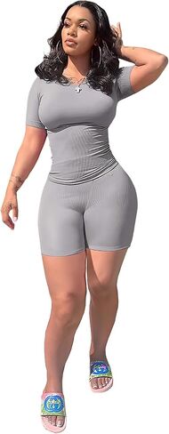 Lounge Wear Ribbed Casual 2 Piece Tracksuit Set Women Solid Skinny Short Sleeve O-Neck Top+Mid Waist Elastic Leggings in Kuwait