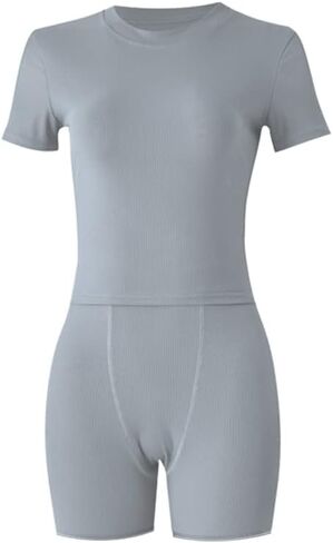 Lounge Wear Ribbed Casual 2 Piece Tracksuit Set Women Solid Skinny Short Sleeve O-Neck Top+Mid Waist Elastic Leggings in Kuwait