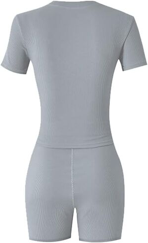 Lounge Wear Ribbed Casual 2 Piece Tracksuit Set Women Solid Skinny Short Sleeve O-Neck Top+Mid Waist Elastic Leggings in Kuwait
