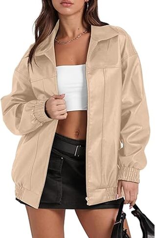SOMTHRON Women's Oversized Leather Jackets Faux Casual Zip Up Fall Motorcycle Bomber Outfits Winter Fashion Clothes in Saudi Arabia