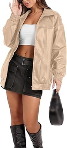 SOMTHRON Women's Oversized Leather Jackets Faux Casual Zip Up Fall Motorcycle Bomber Outfits Winter Fashion Clothes in Saudi Arabia