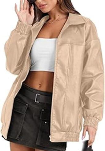SOMTHRON Women's Oversized Leather Jackets Faux Casual Zip Up Fall Motorcycle Bomber Outfits Winter Fashion Clothes in Saudi Arabia