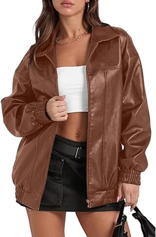 SOMTHRON Women's Oversized Leather Jackets Faux Casual Zip Up Fall Motorcycle Bomber Outfits Winter Fashion Clothes in Saudi Arabia