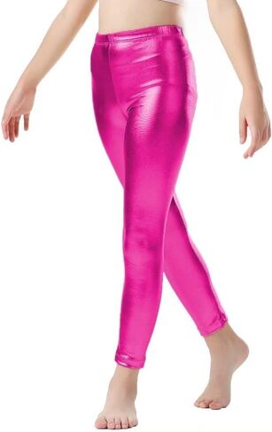 Kid's Shiny Metallic Leggings, Wet Look, Elastic Waist, Neon Glitter, Stretch Pants for Yoga, Running, Dance in Kuwait