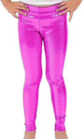 Kid's Shiny Metallic Leggings, Wet Look, Elastic Waist, Neon Glitter, Stretch Pants for Yoga, Running, Dance in Kuwait