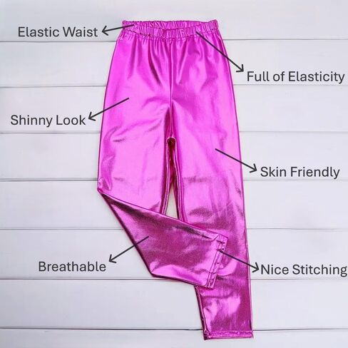 Kid's Shiny Metallic Leggings, Wet Look, Elastic Waist, Neon Glitter, Stretch Pants for Yoga, Running, Dance in Kuwait