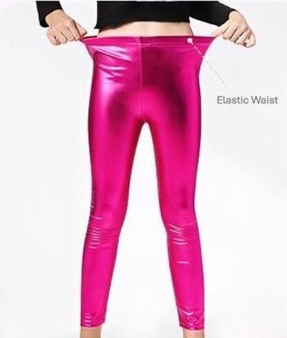 Kid's Shiny Metallic Leggings, Wet Look, Elastic Waist, Neon Glitter, Stretch Pants for Yoga, Running, Dance in Kuwait