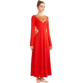 HIHCBF Women Metallic Liturgical Praise Dance Robe Lyrical Dress Bell Sleeve Flower Collar Color Block Worship Costume