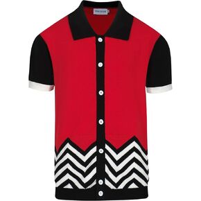 OXKNIT Men Knit Polo Shirts Short Sleeve Red Vintage Polo Shirt Casual Golf Shirts with Black White Wave