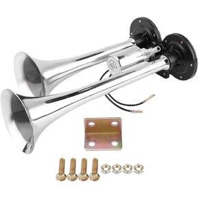 Dual Air Horn for Truck, 12V/24V 150db Dual Trumpet Electric Horn Compressor Kit Super Zinc Alloy for Vehicles Trucks Lorrys Trains Boats Cars Trains Marine