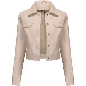 Women's Cropped Faux Leather Bomber Jacket Turn-Down Collar Flap Pocket Snap Retro Shape Coat