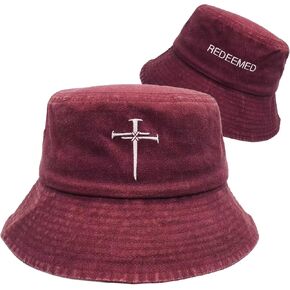 Christian Redeemed Cross Nails Hats for Men Women, Vintage Cotton Embroidered Front & Back Bucket Hat