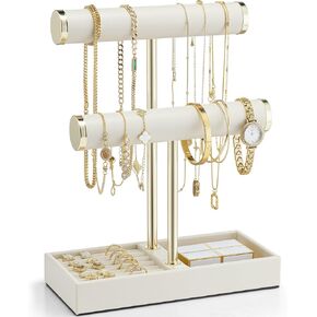 Vlando 2 Tier Bracelet Holder 0rganizer with Tray - Leather Jewelry Stand Organizer for Women - Jewelry Holder Display for Necklace, Watches, Rings, Earrings, Bangle, Scrunchie - White