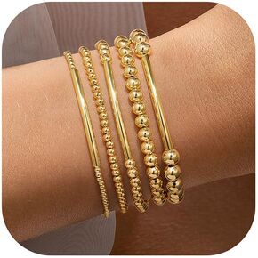 Yoosteel Gold Beaded Bracelets Set for Women, 14K Gold Plated Dainty Round Bead Ball Pearl Cross Bracelet for Women Simplicity Stackable Jewelry Gifts