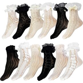 Winterlace 12 Pairs Frilly Ruffle Ankle Socks Womens Bulk Pack Lace Cute Bows Bobby Fashion Dress Sock