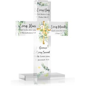 PVOPVO Cross Christian Gifts, Christian Bible Verse Artwork Inspirational Religious Gifts Decor for Mom Sister Floral Bible Verse Desk God Decor Knick Knacks