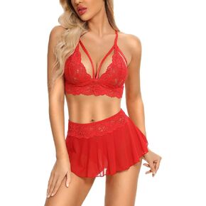 مجموعات Genhoo Sexy Lingerie للنساء Naughty 3 قطعة من الدانتيل Bralette ، تنورة صغيرة مع مجموعة Babydoll