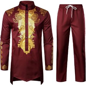 ZEROYAA Men's Africa Suit Long Sleeve Button Down Bronzing Print Shirt and Pants Outfit Traditional 2 Piece Set