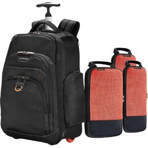 Everki Atlas Wheeled Laptop Backpack & Compressible Packing Cubes Set – 3-Piece Travel Bundle for Business Professionals, Adjustable Compartment & Carry-On Luggage (Black/Orange)