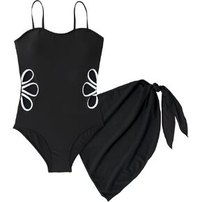 Girls Cut Out One Piece Swimsuit with Cover Up Skirt Bathing Suit Swimwear 7-16 Years