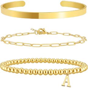 Initial Bracelet Set for Women,14K Gold Plated Stackable Beaded Non Tarnish Bracelet with Letter A-Z Available