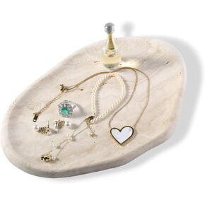BCS Marble Jewelry Tray Trinket Dish, Decorative Cloud Vanity Key Tray for Women, Perfume Ring Holder Dish for Ring Earring, Cute Jewelry Plate Bowl Aesthetic Room Decor（Beige Travertine）